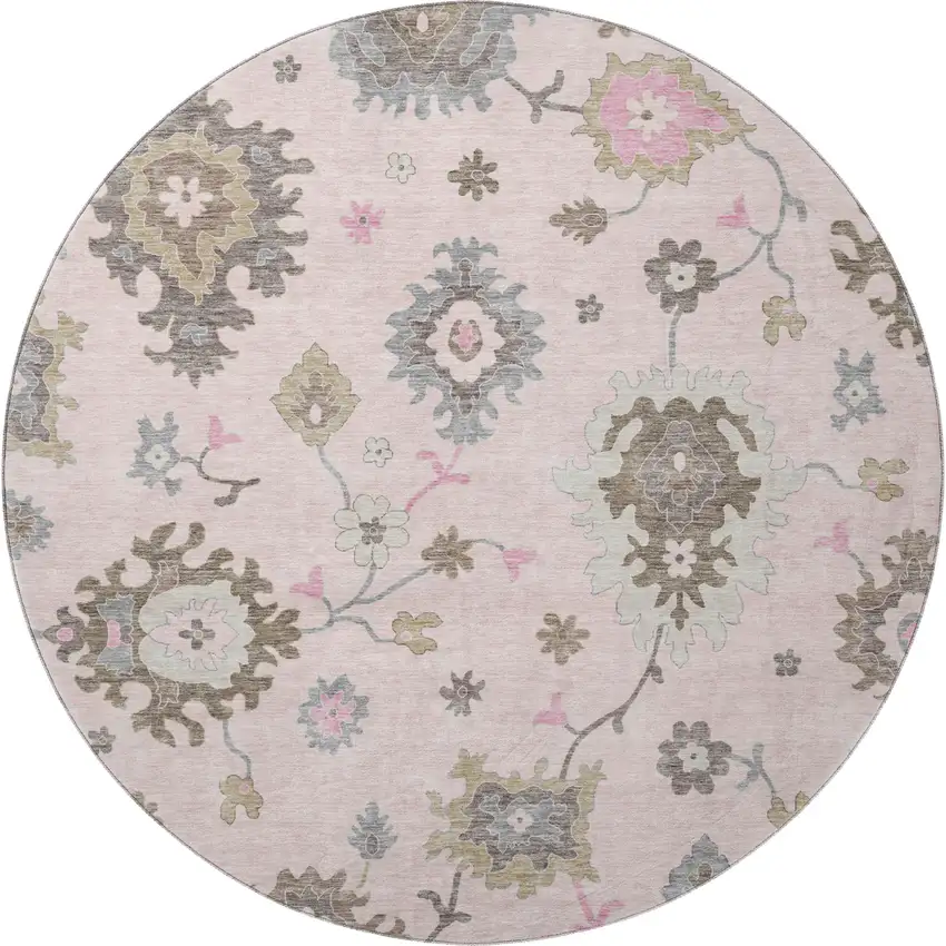 8' Pink Ivory And Brown Floral Medallion Washable Round Rug With UV Protection Photo 3
