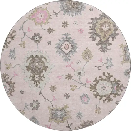 8' Pink Ivory And Brown Floral Medallion Washable Round Rug With UV Protection Photo 1
