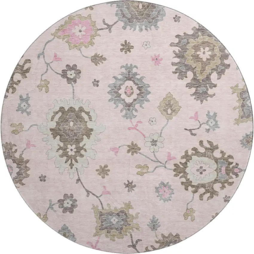 8' Pink Ivory And Brown Floral Medallion Washable Round Rug With UV Protection Photo 1