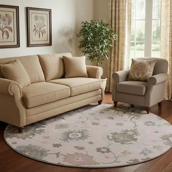 8' Pink Ivory And Brown Floral Medallion Washable Round Rug With UV Protection Photo 1