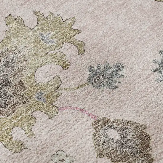 8' Pink Ivory And Brown Floral Medallion Washable Round Rug With UV Protection Photo 8