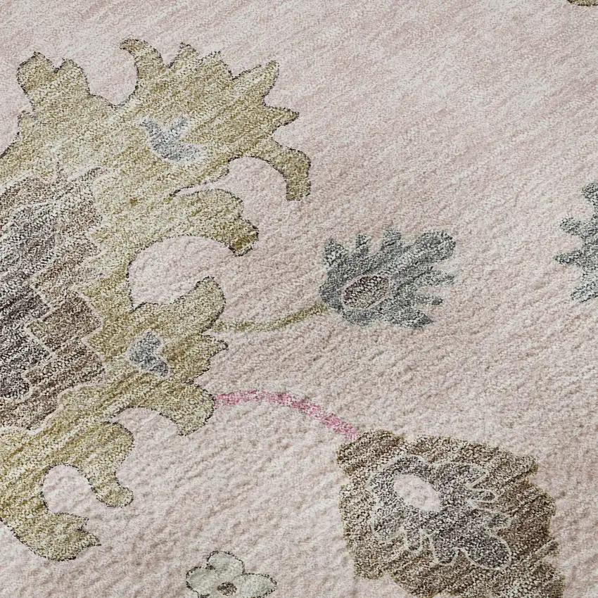 8' Pink Ivory And Brown Floral Medallion Washable Round Rug With UV Protection Photo 8