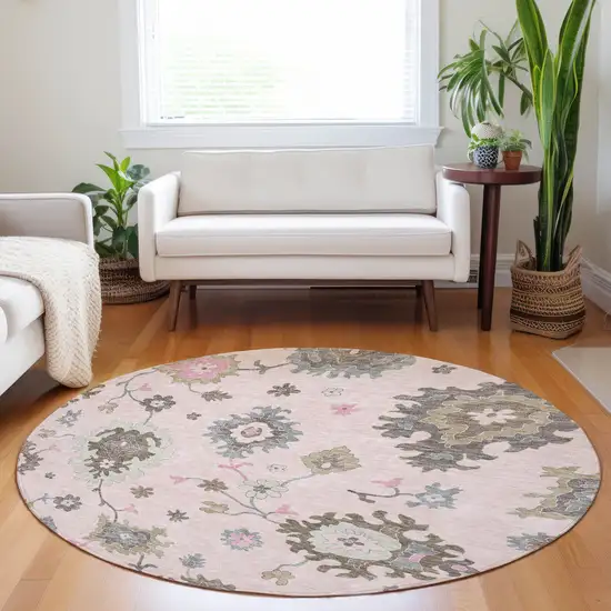 8' Pink Ivory And Brown Floral Medallion Washable Round Rug With UV Protection Photo 4