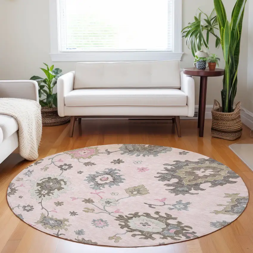 8' Pink Ivory And Brown Floral Medallion Washable Round Rug With UV Protection Photo 4