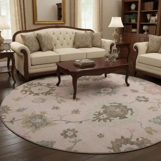 8' Pink Ivory And Brown Floral Medallion Washable Round Rug With UV Protection Photo 2