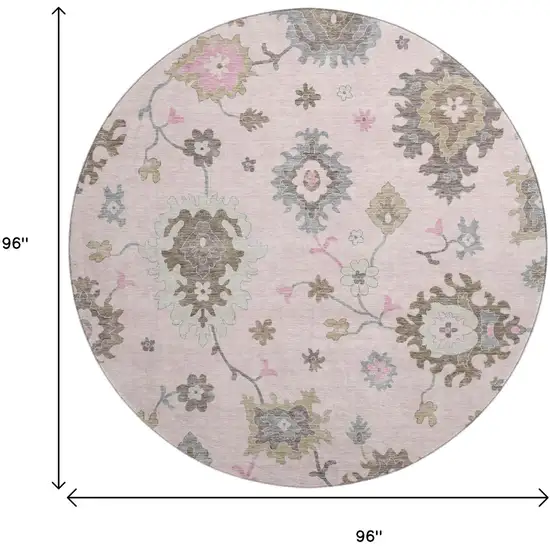 8' Pink Ivory And Brown Floral Medallion Washable Round Rug With UV Protection Photo 9