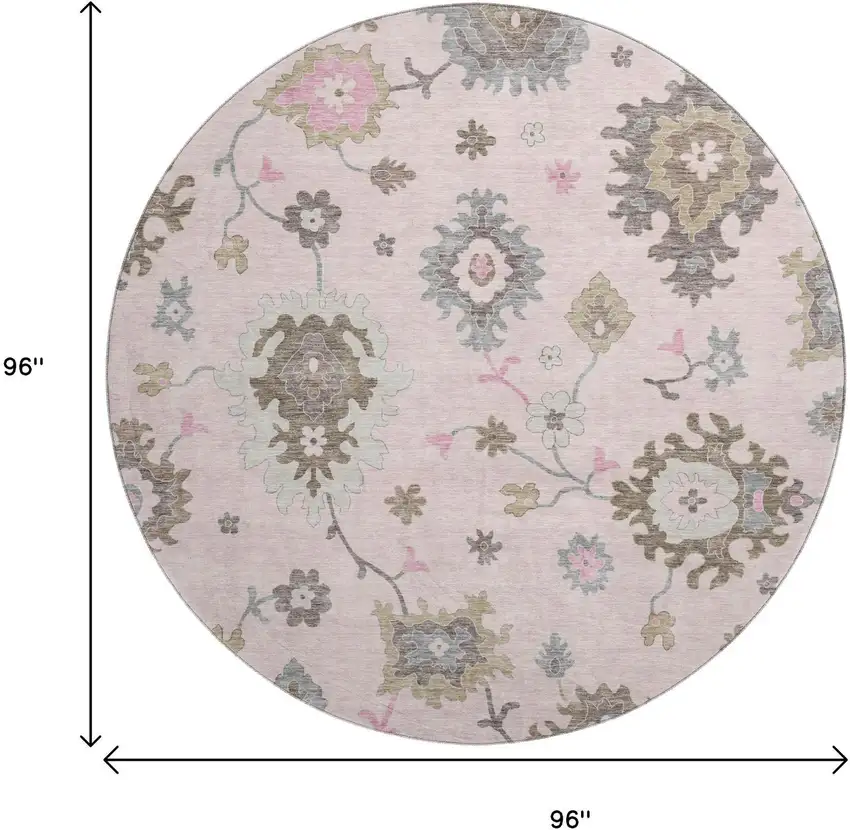 8' Pink Ivory And Brown Floral Medallion Washable Round Rug With UV Protection Photo 9