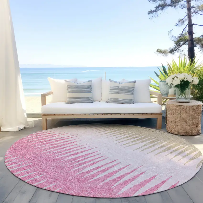 8' Pink Ivory And Brown Round Striped Washable Indoor Outdoor Area Rug Photo 7