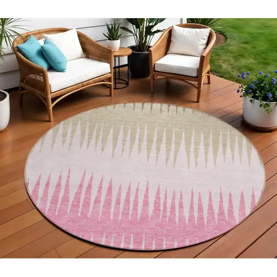 8' Pink Ivory And Brown Round Striped Washable Indoor Outdoor Area Rug Photo 1