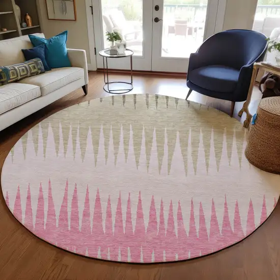 8' Pink Ivory And Brown Round Striped Washable Indoor Outdoor Area Rug Photo 8