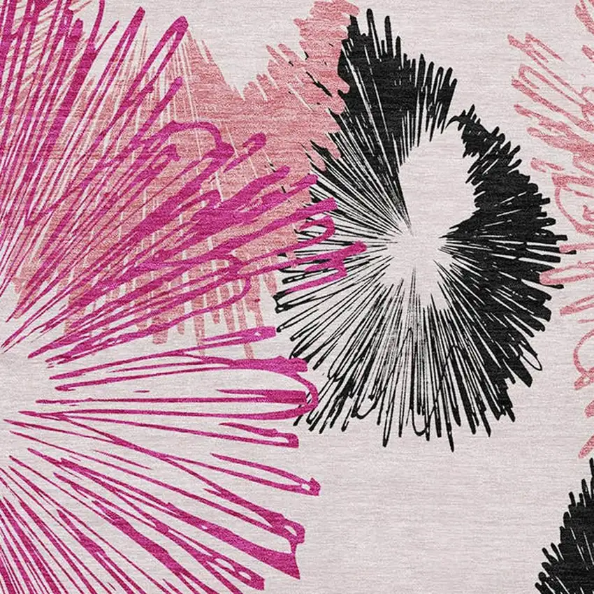 8' Pink Ivory And Charcoal Round Floral Washable Indoor Outdoor Area Rug Photo 4