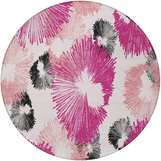 8' Pink Ivory And Charcoal Round Floral Washable Indoor Outdoor Area Rug Photo 3
