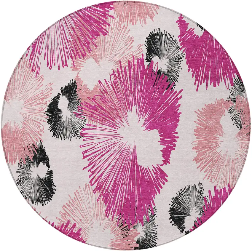 8' Pink Ivory And Charcoal Round Floral Washable Indoor Outdoor Area Rug Photo 3