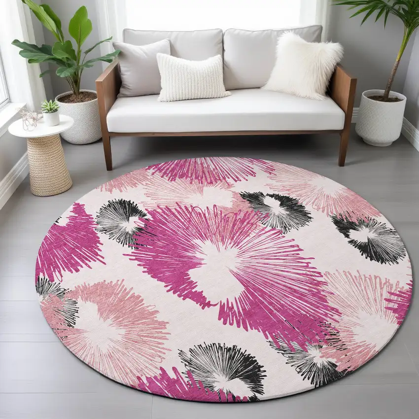 8' Pink Ivory And Charcoal Round Floral Washable Indoor Outdoor Area Rug Photo 8