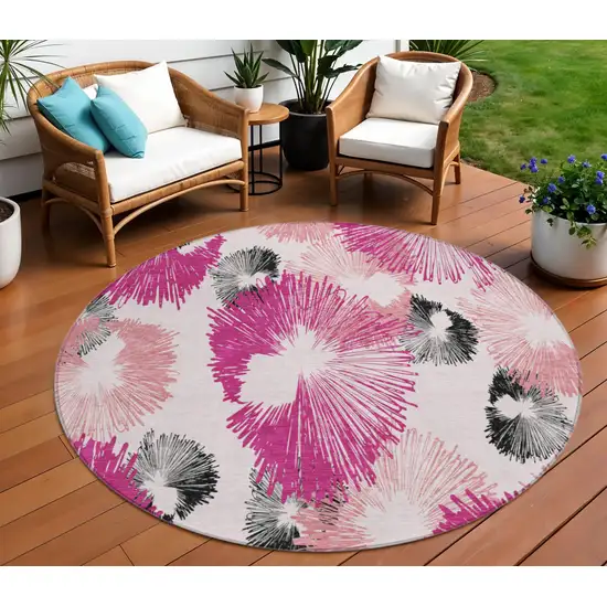 8' Pink Ivory And Charcoal Round Floral Washable Indoor Outdoor Area Rug Photo 2