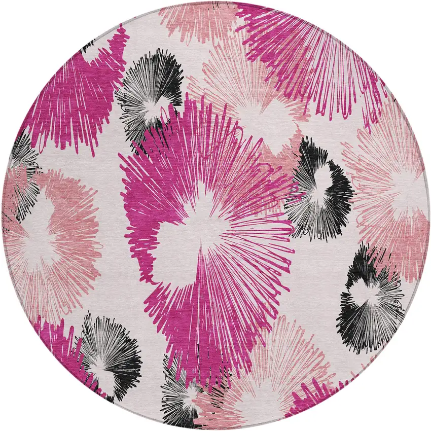 8' Pink Ivory And Charcoal Round Floral Washable Indoor Outdoor Area Rug Photo 1