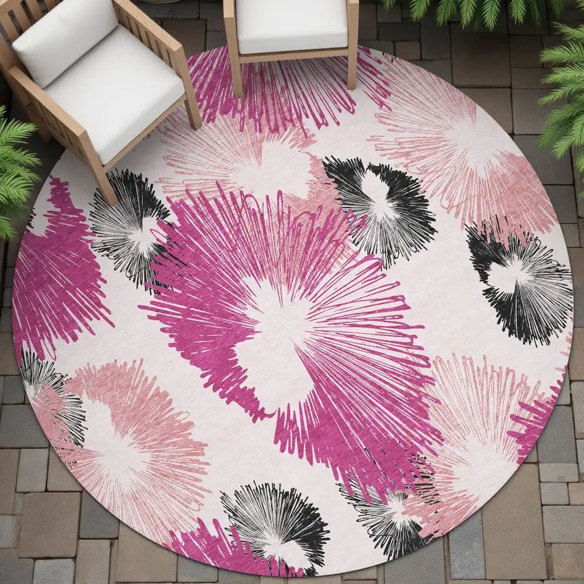 8' Pink Ivory And Charcoal Round Floral Washable Indoor Outdoor Area Rug Photo 7