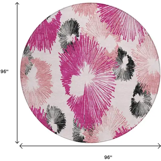8' Pink Ivory And Charcoal Round Floral Washable Indoor Outdoor Area Rug Photo 9