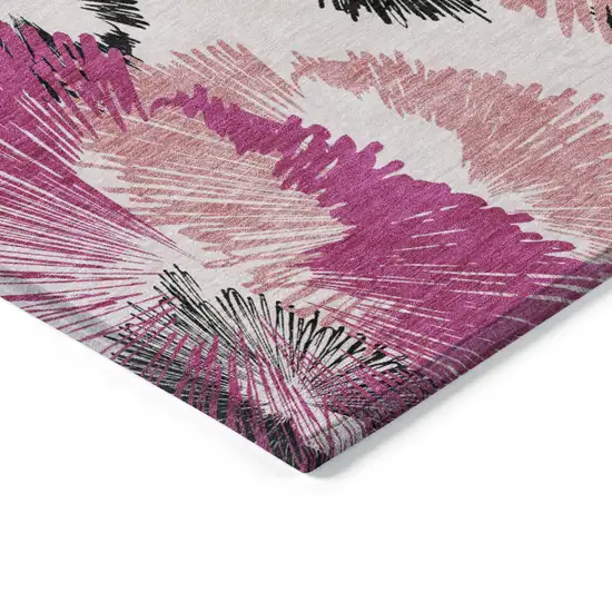 8' Pink Ivory And Charcoal Round Floral Washable Indoor Outdoor Area Rug Photo 5