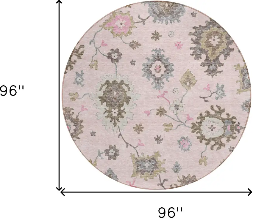 8' Pink Ivory And Chocolate Round Floral Washable Indoor Outdoor Area Rug Photo 9