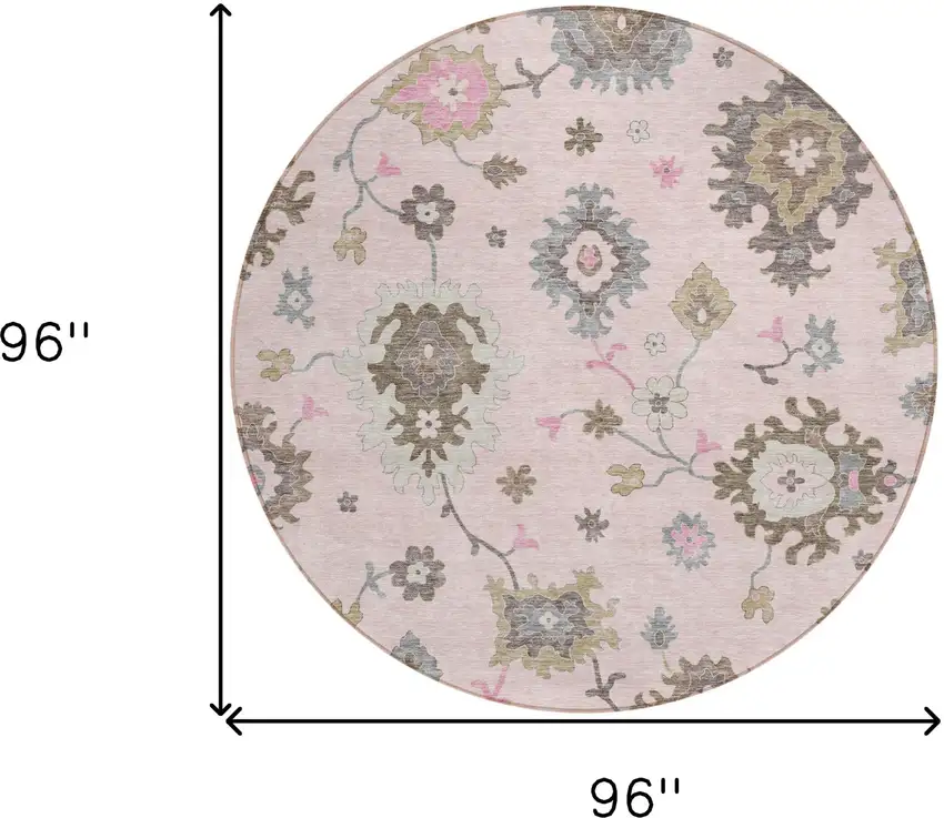 8' Pink Ivory And Chocolate Round Floral Washable Indoor Outdoor Area Rug Photo 9