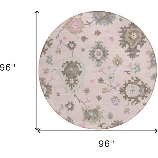 8' Pink Ivory And Chocolate Round Floral Washable Indoor Outdoor Area Rug Photo 9