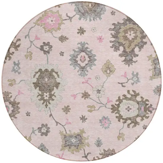 8' Pink Ivory And Chocolate Round Floral Washable Indoor Outdoor Area Rug Photo 5