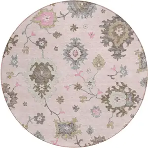 Photo of 8' Pink Ivory And Chocolate Round Floral Washable Indoor Outdoor Area Rug