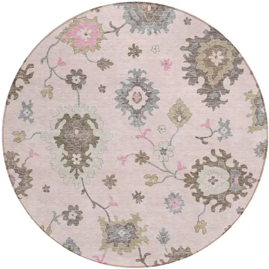 8' Pink Ivory And Chocolate Round Floral Washable Indoor Outdoor Area Rug Photo 1