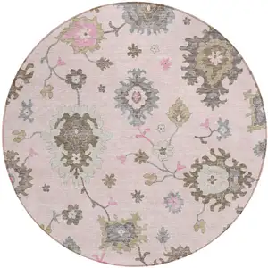 Photo of 8' Pink Ivory And Chocolate Round Floral Washable Indoor Outdoor Area Rug