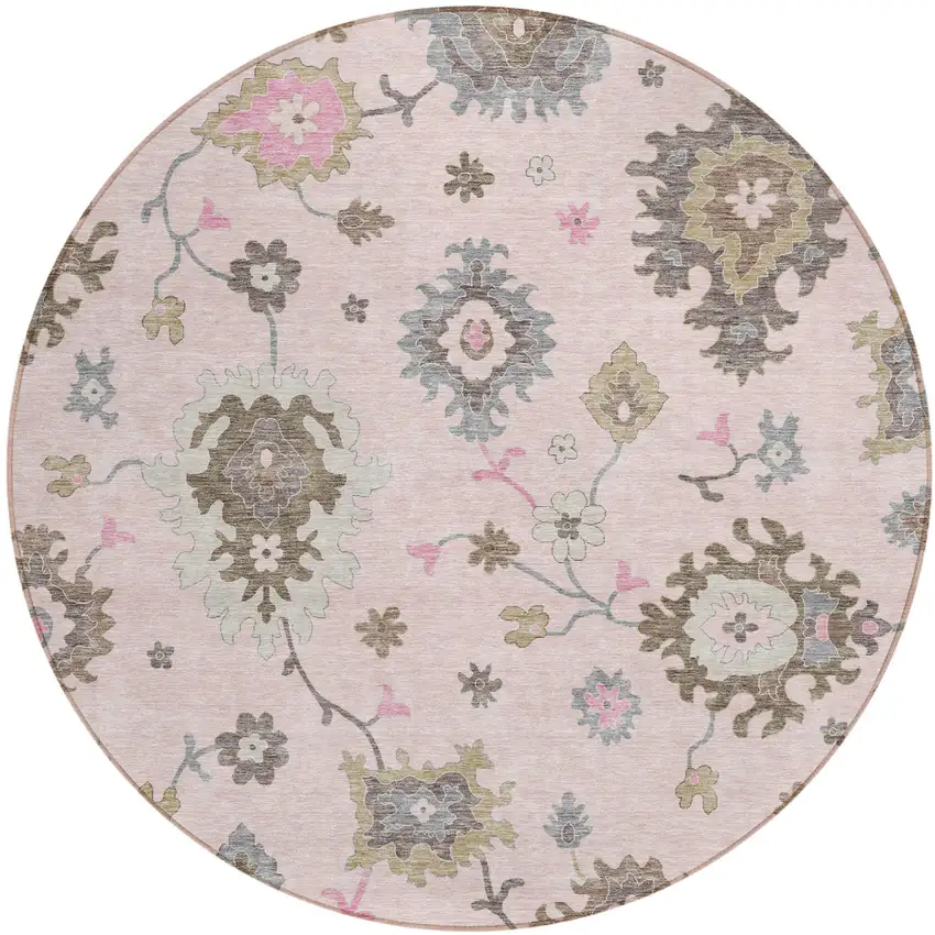 8' Pink Ivory And Chocolate Round Floral Washable Indoor Outdoor Area Rug Photo 1