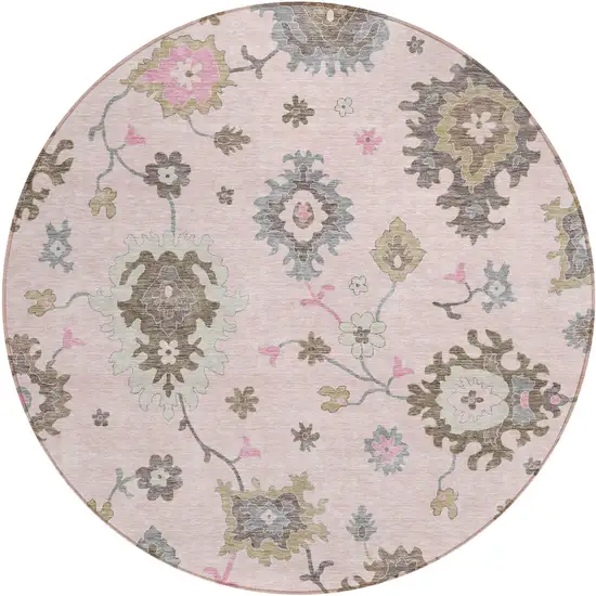 8' Pink Ivory And Chocolate Round Floral Washable Indoor Outdoor Area Rug Photo 1