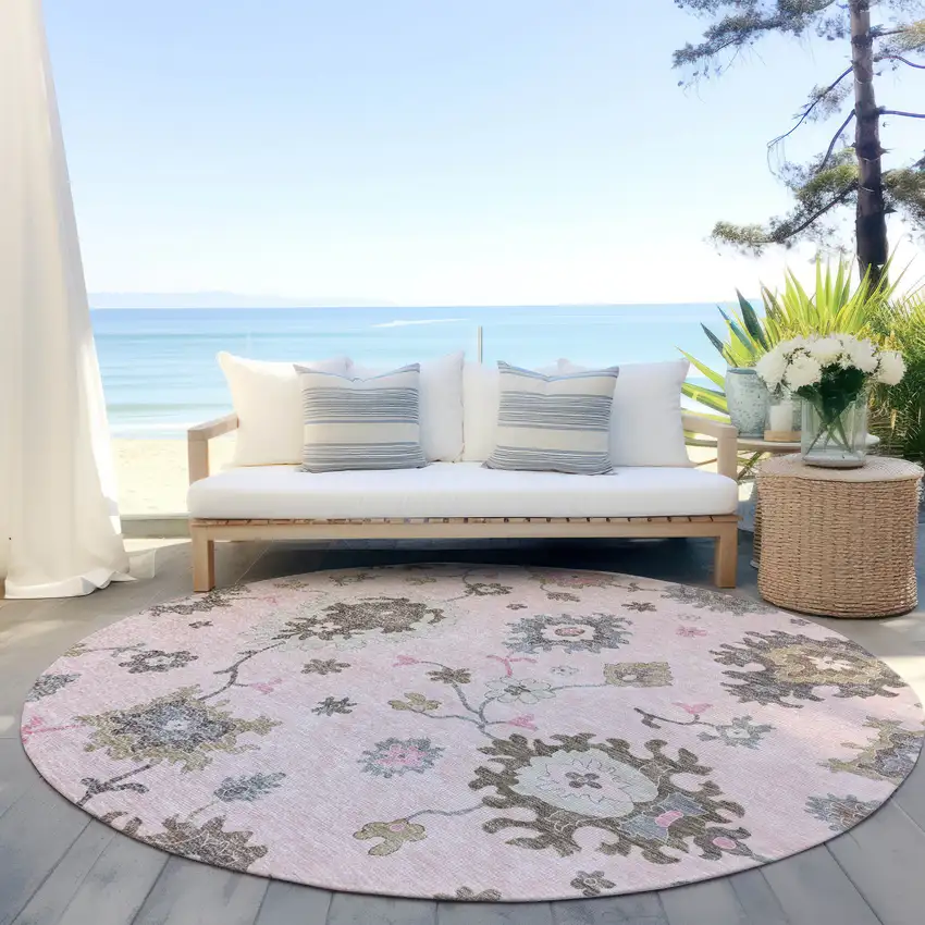8' Pink Ivory And Chocolate Round Floral Washable Indoor Outdoor Area Rug Photo 7