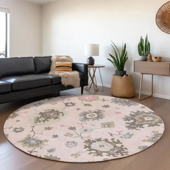 8' Pink Ivory And Chocolate Round Floral Washable Indoor Outdoor Area Rug Photo 8