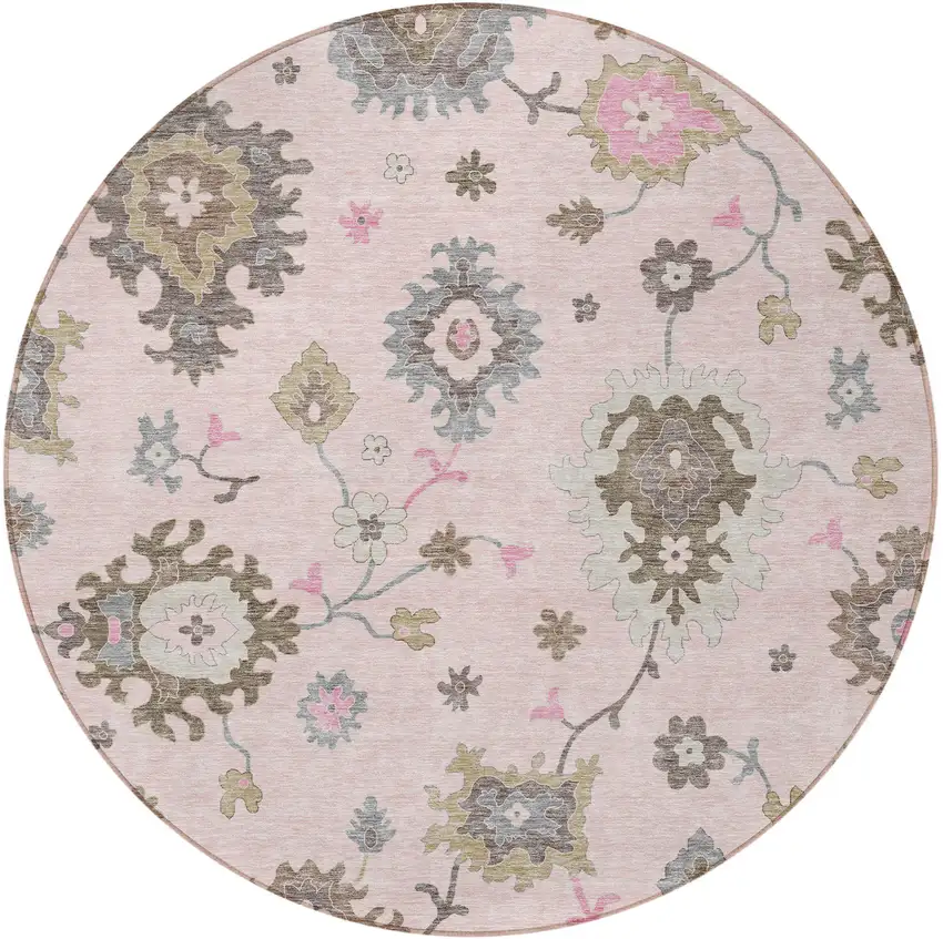 8' Pink Ivory And Chocolate Round Floral Washable Indoor Outdoor Area Rug Photo 6