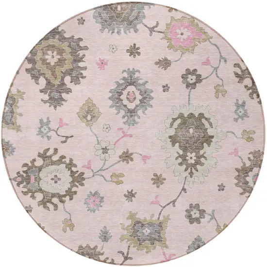 8' Pink Ivory And Chocolate Round Floral Washable Indoor Outdoor Area Rug Photo 6