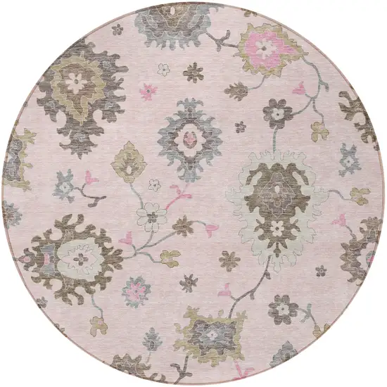 8' Pink Ivory And Chocolate Round Floral Washable Indoor Outdoor Area Rug Photo 6