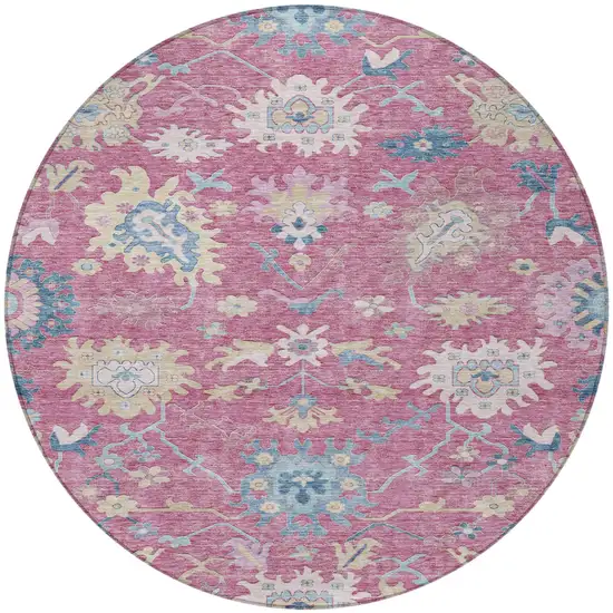 8' Pink Ivory And Denim Blue Round Floral Washable Indoor Outdoor Area Rug Photo 6