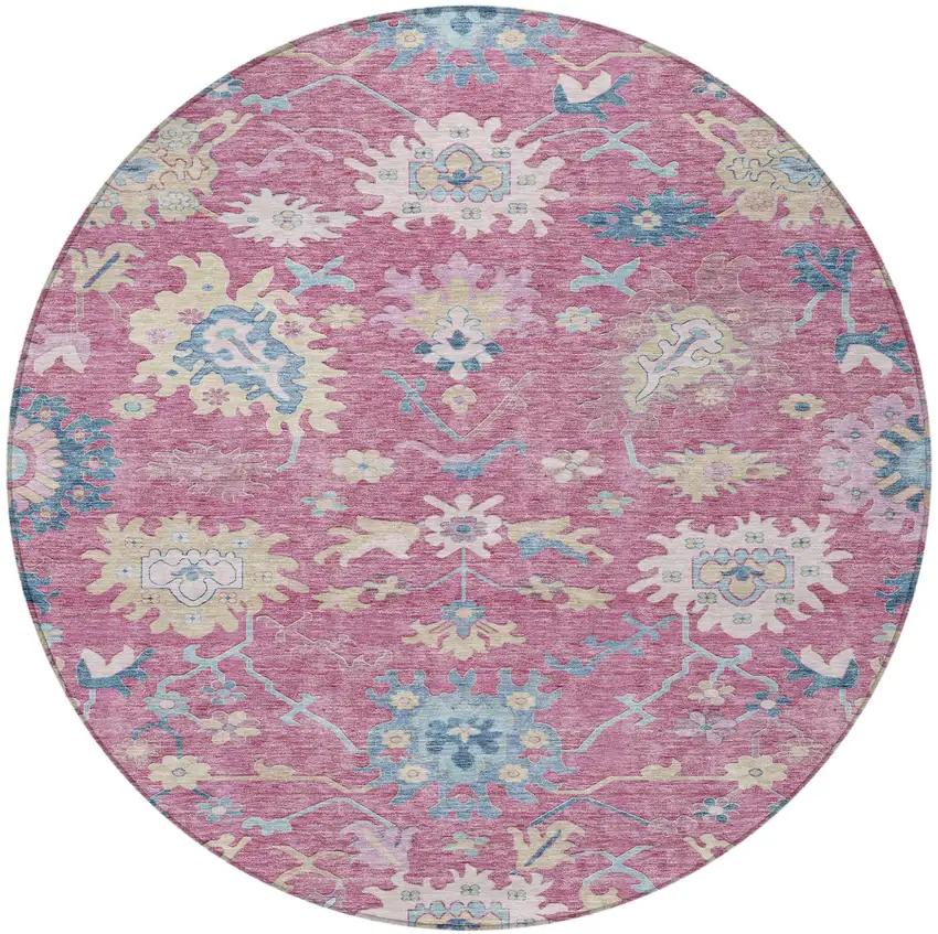 8' Pink Ivory And Denim Blue Round Floral Washable Indoor Outdoor Area Rug Photo 6