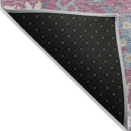 8' Pink Ivory And Denim Blue Round Floral Washable Indoor Outdoor Area Rug Photo 3