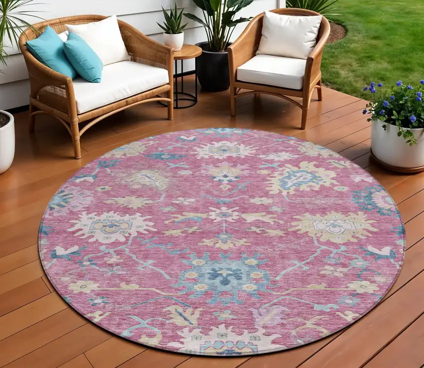 8' Pink Ivory And Denim Blue Round Floral Washable Indoor Outdoor Area Rug Photo 1