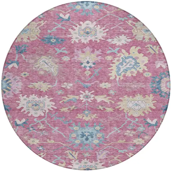 8' Pink Ivory And Denim Blue Round Floral Washable Indoor Outdoor Area Rug Photo 2