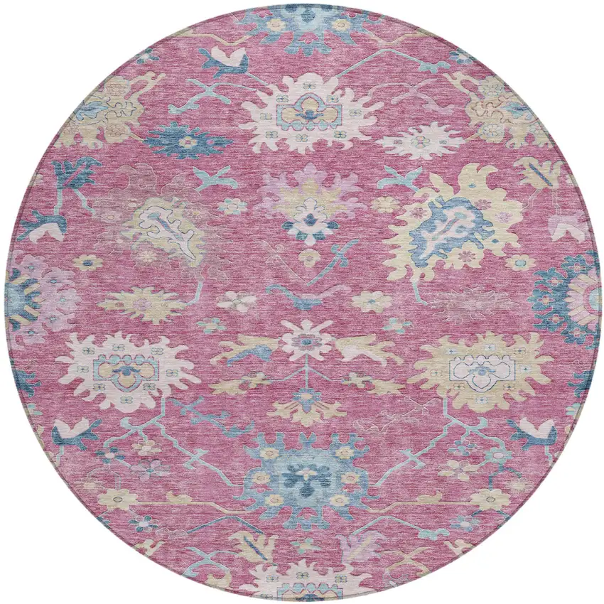 8' Pink Ivory And Denim Blue Round Floral Washable Indoor Outdoor Area Rug Photo 2