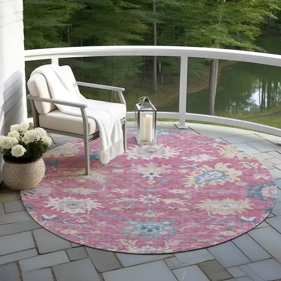 8' Pink Ivory And Denim Blue Round Floral Washable Indoor Outdoor Area Rug Photo 7