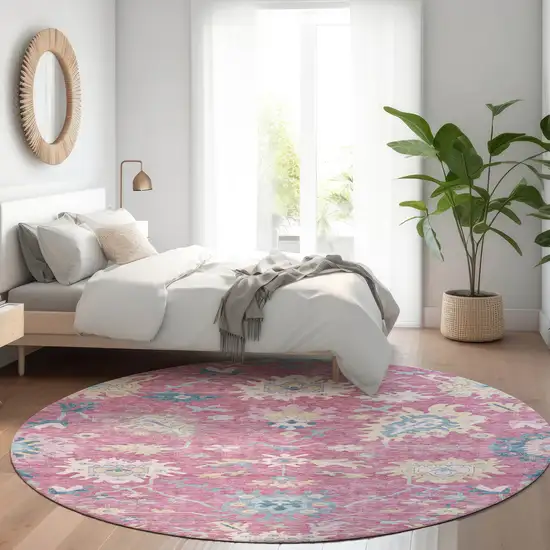 8' Pink Ivory And Denim Blue Round Floral Washable Indoor Outdoor Area Rug Photo 8