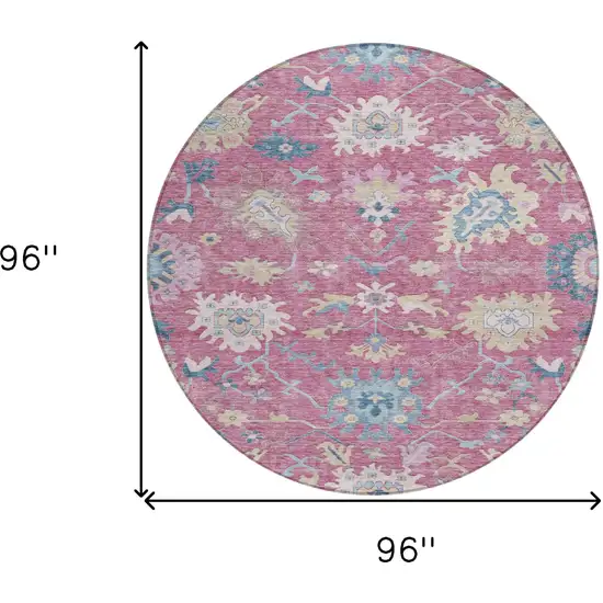 8' Pink Ivory And Denim Blue Round Floral Washable Indoor Outdoor Area Rug Photo 9
