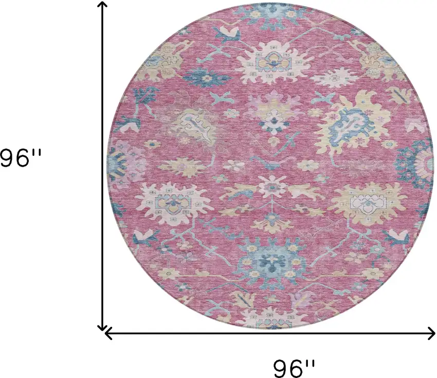 8' Pink Ivory And Denim Blue Round Floral Washable Indoor Outdoor Area Rug Photo 9