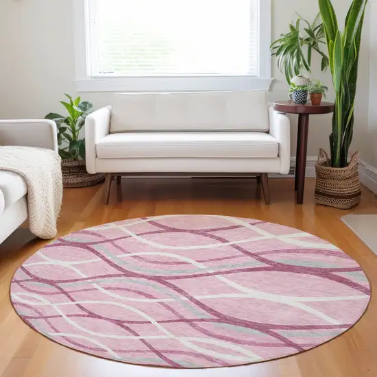 8' Pink Ivory And Gray Abstract Washable Round Rug With UV Protection Photo 5