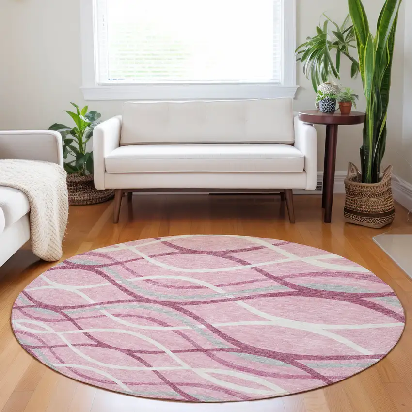 8' Pink Ivory And Gray Abstract Washable Round Rug With UV Protection Photo 5