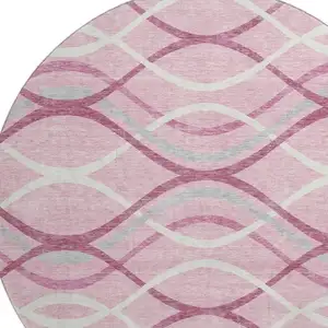 Photo of 8' Pink Ivory And Gray Abstract Washable Round Rug With UV Protection